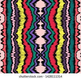 Ikat border. Geometric folk ornament. Ink on clothes. Tribal vector texture. Seamless striped pattern in Aztec style. Ethnic embroidery. Indian, Scandinavian, Gypsy, Mexican, African rug.