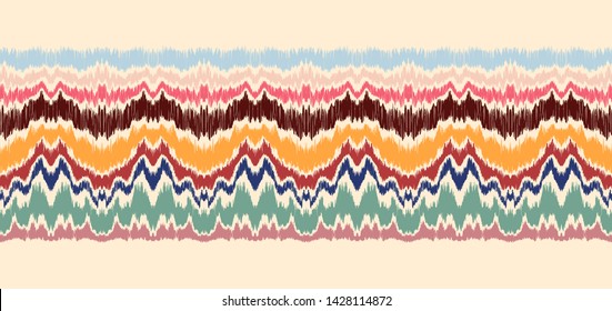 Ikat border. Geometric folk ornament. Ink on clothes. Tribal vector texture. Seamless striped pattern in Aztec style. Ethnic embroidery. Indian, Scandinavian, Gypsy, Mexican, African rug.
