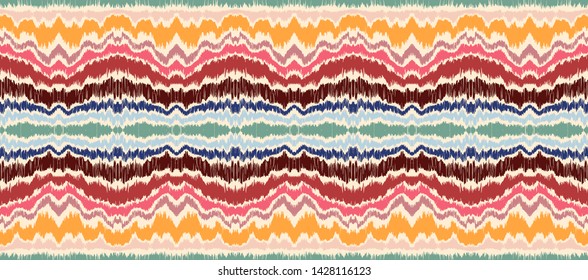 Ikat border. Geometric folk ornament. Ink on clothes. Tribal vector texture. Seamless striped pattern in Aztec style. Ethnic embroidery. Indian, Scandinavian, Gypsy, Mexican, African rug.