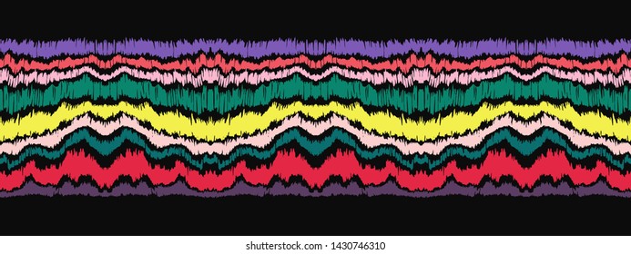 Ikat border. Geometric folk ornament. Ink on clothes. Tribal vector texture. Seamless striped pattern in Aztec style. Ethnic embroidery. Indian, Scandinavian, Gypsy, Mexican, African rug.