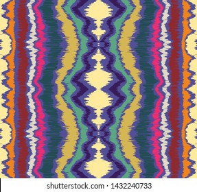 Ikat border. Geometric folk ornament. Ink on clothes. Tribal vector texture. Seamless striped pattern in Aztec style. Ethnic embroidery. Indian, Scandinavian, Gypsy, Mexican, African rug.