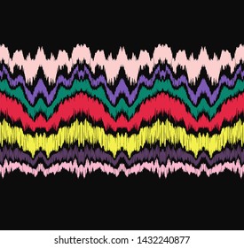Ikat border. Geometric folk ornament. Ink on clothes. Tribal vector texture. Seamless striped pattern in Aztec style. Ethnic embroidery. Indian, Scandinavian, Gypsy, Mexican, African rug.