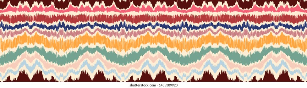 Ikat border. Geometric folk ornament. Ink on clothes. Tribal vector texture. Seamless striped pattern in Aztec style. Ethnic embroidery. Indian, Scandinavian, Gypsy, Mexican, African rug.