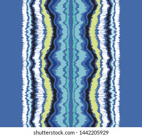 Ikat border. Geometric folk ornament. Ink on clothes. Tribal vector texture. Seamless striped pattern in Aztec style. Ethnic embroidery. Indian, Scandinavian, Gypsy, Mexican, African rug.