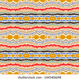Ikat border. Geometric folk ornament. Ink on clothes. Tribal vector texture. Seamless striped pattern in Aztec style. Ethnic embroidery. Indian, Scandinavian, Gypsy, Mexican, African rug.