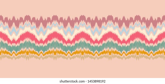 Ikat border. Geometric folk ornament. Ink on clothes. Tribal vector texture. Seamless striped pattern in Aztec style. Ethnic embroidery. Indian, Scandinavian, Gypsy, Mexican, African rug.