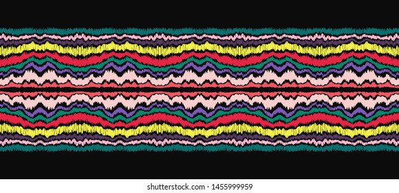 Ikat border. Geometric folk ornament. Ink on clothes. Tribal vector texture. Seamless striped pattern in Aztec style. Ethnic embroidery. Indian, Scandinavian, Gypsy, Mexican, African rug.