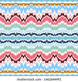 Ikat border. Geometric folk ornament. Ink on clothes. Tribal vector texture. Seamless striped pattern in Aztec style. Ethnic embroidery. Indian, Scandinavian, Gypsy, Mexican, African rug.