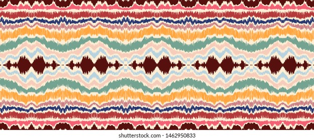 Ikat border. Geometric folk ornament. Ink on clothes. Tribal vector texture. Seamless striped pattern in Aztec style. Ethnic embroidery. Indian, Scandinavian, Gypsy, Mexican, African rug.