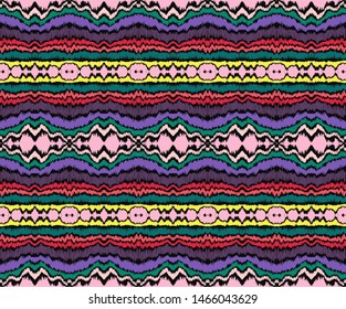 Ikat border. Geometric folk ornament. Ink on clothes. Tribal vector texture. Seamless striped pattern in Aztec style. Ethnic embroidery. Indian, Scandinavian, Gypsy, Mexican, African rug.