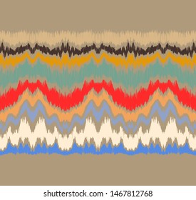 Ikat border. Geometric folk ornament. Ink on clothes. Tribal vector texture. Seamless striped pattern in Aztec style. Ethnic embroidery. Indian, Scandinavian, Gypsy, Mexican, African rug.