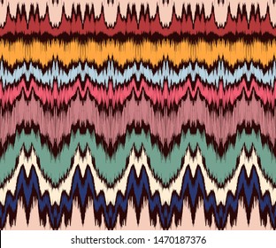Ikat border. Geometric folk ornament. Ink on clothes. Tribal vector texture. Seamless striped pattern in Aztec style. Ethnic embroidery. Indian, Scandinavian, Gypsy, Mexican, African rug.