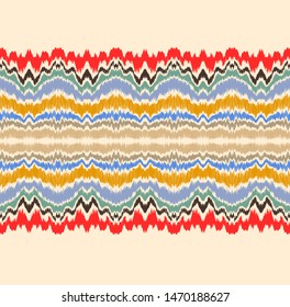 Ikat border. Geometric folk ornament. Ink on clothes. Tribal vector texture. Seamless striped pattern in Aztec style. Ethnic embroidery. Indian, Scandinavian, Gypsy, Mexican, African rug.