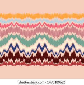 Ikat border. Geometric folk ornament. Ink on clothes. Tribal vector texture. Seamless striped pattern in Aztec style. Ethnic embroidery. Indian, Scandinavian, Gypsy, Mexican, African rug.