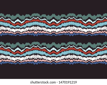 Ikat border. Geometric folk ornament. Ink on clothes. Tribal vector texture. Seamless striped pattern in Aztec style. Ethnic embroidery. Indian, Scandinavian, Gypsy, Mexican, African rug.