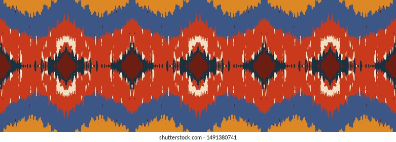 Ikat border. Geometric folk ornament. Tribal vector texture. Seamless striped pattern in Aztec style. Ethnic embroidery. Indian, Scandinavian, Gypsy, Mexican, African rug.