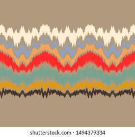 Ikat border. Geometric folk ornament. Ink on clothes. Tribal vector texture. Seamless striped pattern in Aztec style. Ethnic embroidery. Indian, Scandinavian, Gypsy, Mexican, African rug.