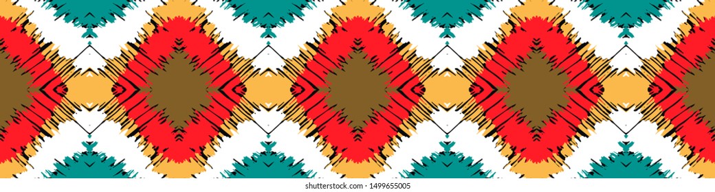 Ikat border. Geometric folk ornament. Tribal vector texture. Seamless striped pattern in Aztec style. Ethnic embroidery. Indian, Scandinavian, Gypsy, Mexican, African rug.