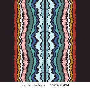 Ikat border. Geometric folk ornament. Ink on clothes. Tribal vector texture. Seamless striped pattern in Aztec style. Ethnic embroidery. Indian, Scandinavian, Gypsy, Mexican, African rug.