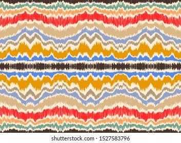Ikat border. Geometric folk ornament. Ink on clothes. Tribal vector texture. Seamless striped pattern in Aztec style. Ethnic embroidery. Indian, Scandinavian, Gypsy, Mexican, African rug.