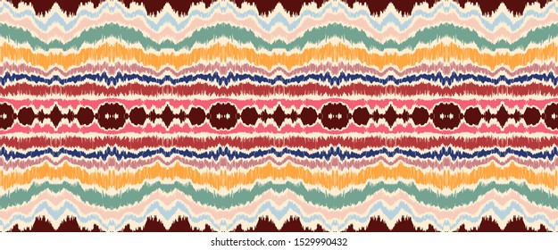 Ikat border. Geometric folk ornament. Ink on clothes. Tribal vector texture. Seamless striped pattern in Aztec style. Ethnic embroidery. Indian, Scandinavian, Gypsy, Mexican, African rug.