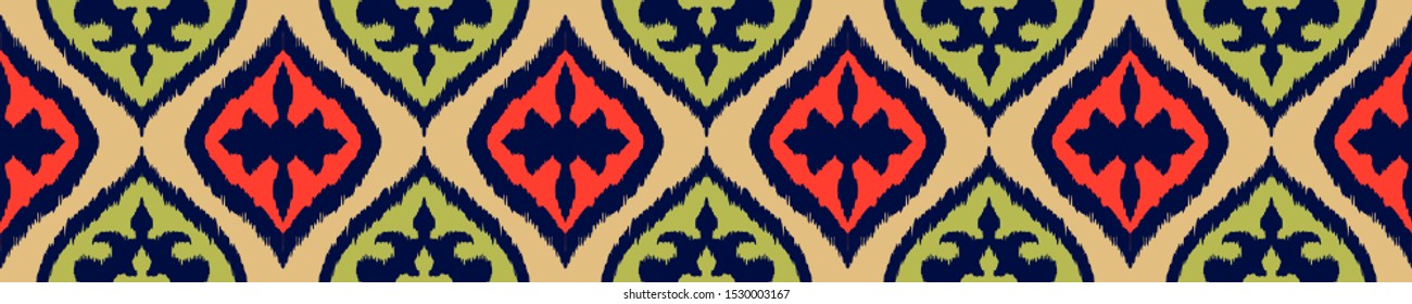 Ikat border. Geometric folk ornament. Tribal vector texture. Seamless striped pattern in Aztec style. Ethnic embroidery. Indian, Scandinavian, Gypsy, Mexican, African rug.