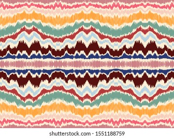 Ikat border. Geometric folk ornament. Ink on clothes. Tribal vector texture. Seamless striped pattern in Aztec style. Ethnic embroidery. Indian, Scandinavian, Gypsy, Mexican, African rug.