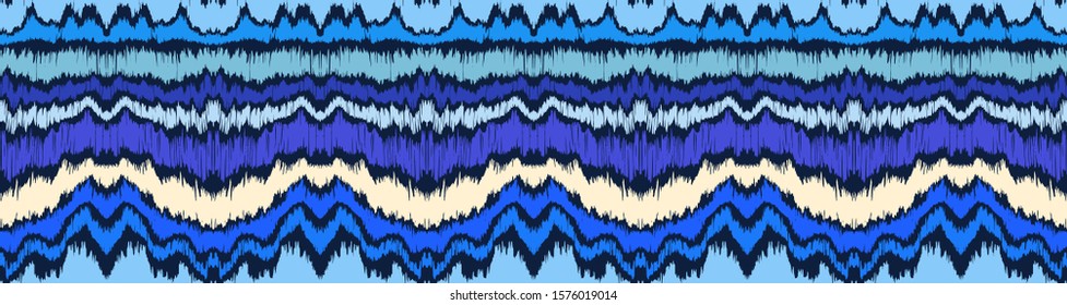 Ikat border. Geometric folk ornament. Ink on clothes. Tribal vector texture. Seamless striped pattern in Aztec style. Ethnic embroidery. Indian, Scandinavian, Gypsy, Mexican, African rug.