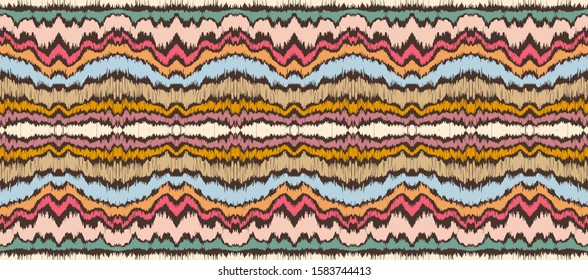 Ikat border. Geometric folk ornament. Ink on clothes. Tribal vector texture. Seamless striped pattern in Aztec style. Ethnic embroidery. Indian, Scandinavian, Gypsy, Mexican, African rug.