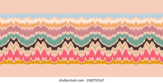 Ikat border. Geometric folk ornament. Ink on clothes. Tribal vector texture. Seamless striped pattern in Aztec style. Ethnic embroidery. Indian, Scandinavian, Gypsy, Mexican, African rug.