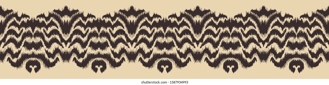 Ikat border. Geometric folk ornament. Tribal vector texture. Seamless striped pattern in Aztec style. Ethnic embroidery. Indian, Scandinavian, Gypsy, Mexican, African rug.