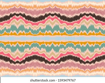 Ikat border. Geometric folk ornament. Ink on clothes. Tribal vector texture. Seamless striped pattern in Aztec style. Ethnic embroidery. Indian, Scandinavian, Gypsy, Mexican, African rug.