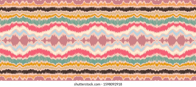 Ikat border. Geometric folk ornament. Ink on clothes. Tribal vector texture. Seamless striped pattern in Aztec style. Ethnic embroidery. Indian, Scandinavian, Gypsy, Mexican, African rug.