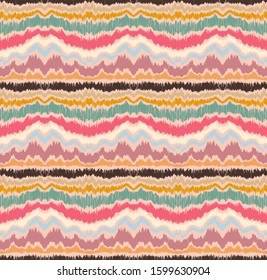 Ikat border. Geometric folk ornament. Ink on clothes. Tribal vector texture. Seamless striped pattern in Aztec style. Ethnic embroidery. Indian, Scandinavian, Gypsy, Mexican, African rug.