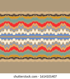 Ikat border. Geometric folk ornament. Ink on clothes. Tribal vector texture. Seamless striped pattern in Aztec style. Ethnic embroidery. Indian, Scandinavian, Gypsy, Mexican, African rug.