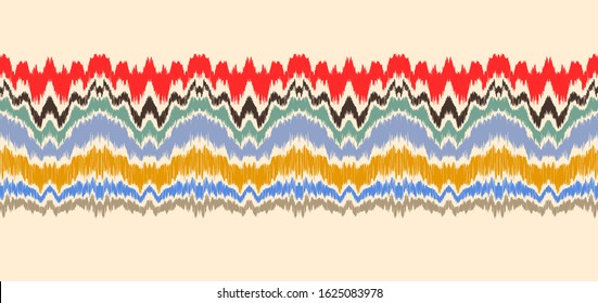 Ikat border. Geometric folk ornament. Ink on clothes. Tribal vector texture. Seamless striped pattern in Aztec style. Ethnic embroidery. Indian, Scandinavian, Gypsy, Mexican, African rug.