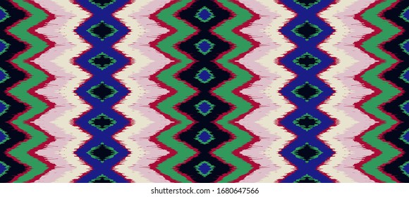 Ikat border. Geometric folk ornament. Ink on clothes. Tribal vector texture. Seamless striped pattern in Aztec style. Ethnic embroidery. Indian, Scandinavian, Gypsy, Mexican, African rug.