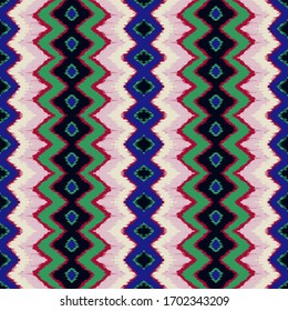 Ikat border. Geometric folk ornament. Ink on clothes. Tribal vector texture. Seamless striped pattern in Aztec style. Ethnic embroidery. Indian, Scandinavian, Gypsy, Mexican, African rug.