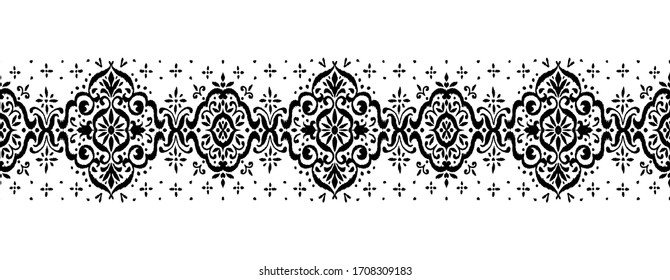 Ikat border. Geometric folk ornament. Ink on clothes. Tribal vector texture. Seamless striped pattern in Aztec style. Ethnic embroidery. Indian, Scandinavian, Gypsy, Mexican, African rug.