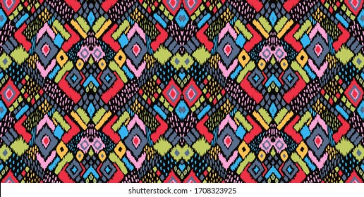 Ikat border. Geometric folk ornament. Tribal vector texture. Seamless striped pattern in Aztec style. Ethnic embroidery. Indian, Scandinavian, Gypsy, Mexican, African rug.