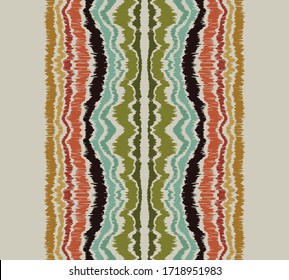 Ikat border. Geometric folk ornament. Ink on clothes. Tribal vector texture. Seamless striped pattern in Aztec style. Ethnic embroidery. Indian, Scandinavian, Gypsy, Mexican, African rug.