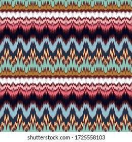 Ikat border. Geometric folk ornament. Ink on clothes. Tribal vector texture. Seamless striped pattern in Aztec style. Ethnic embroidery. Indian, Scandinavian, Gypsy, Mexican, African rug.