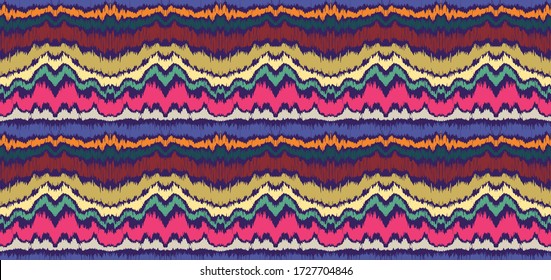 Ikat border. Geometric folk ornament. Ink on clothes. Tribal vector texture. Seamless striped pattern in Aztec style. Ethnic embroidery. Indian, Scandinavian, Gypsy, Mexican, African rug.