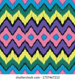 Ikat border. Geometric folk ornament. Ink on clothes. Tribal vector texture. Seamless striped pattern in Aztec style. Ethnic embroidery. Indian, Scandinavian, Gypsy, Mexican, African rug.