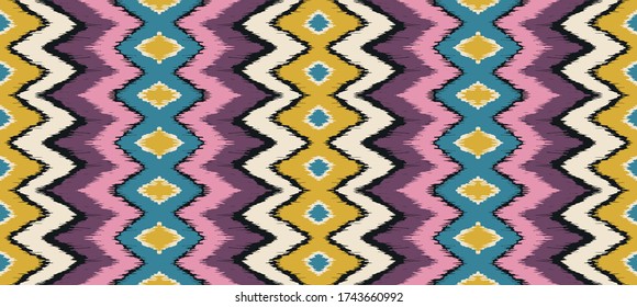 Ikat border. Geometric folk ornament. Ink on clothes. Tribal vector texture. Seamless striped pattern in Aztec style. Ethnic embroidery. Indian, Scandinavian, Gypsy, Mexican, African rug.