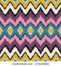Ikat border. Geometric folk ornament. Ink on clothes. Tribal vector texture. Seamless striped pattern in Aztec style. Ethnic embroidery. Indian, Scandinavian, Gypsy, Mexican, African rug.