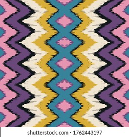 Ikat border. Geometric folk ornament. Ink on clothes. Tribal vector texture. Seamless striped pattern in Aztec style. Ethnic embroidery. Indian, Scandinavian, Gypsy, Mexican, African rug.