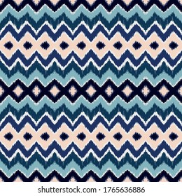 Ikat border. Geometric folk ornament. Ink on clothes. Tribal vector texture. Seamless striped pattern in Aztec style. Ethnic embroidery. Indian, Scandinavian, Gypsy, Mexican, African rug.