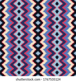 Ikat border. Geometric folk ornament. Ink on clothes. Tribal vector texture. Seamless striped pattern in Aztec style. Ethnic embroidery. Indian, Scandinavian, Gypsy, Mexican, African rug.