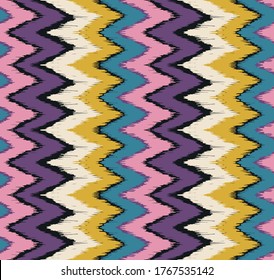 Ikat border. Geometric folk ornament. Ink on clothes. Tribal vector texture. Seamless striped pattern in Aztec style. Ethnic embroidery. Indian, Scandinavian, Gypsy, Mexican, African rug.